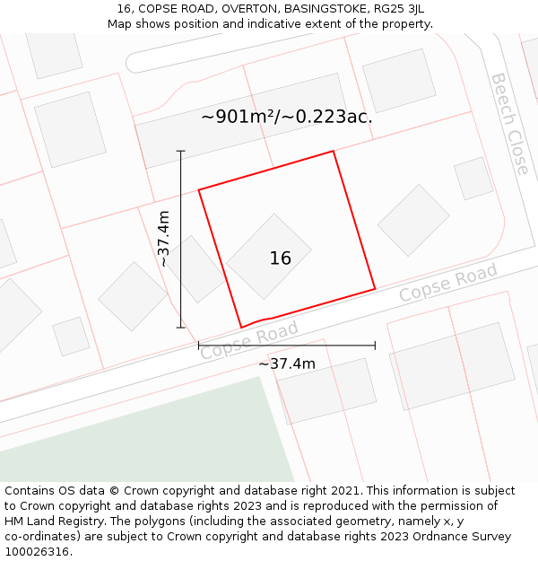 16, COPSE ROAD, OVERTON, BASINGSTOKE, RG25 3JL: Plot and title map