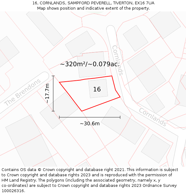 16, CORNLANDS, SAMPFORD PEVERELL, TIVERTON, EX16 7UA: Plot and title map