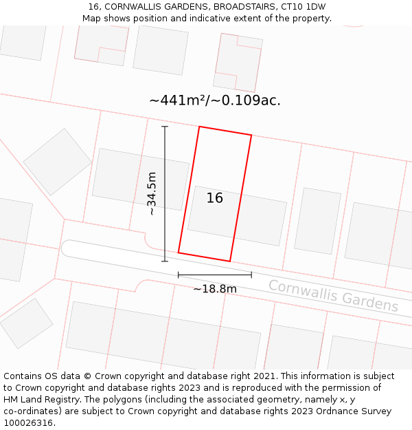 16, CORNWALLIS GARDENS, BROADSTAIRS, CT10 1DW: Plot and title map