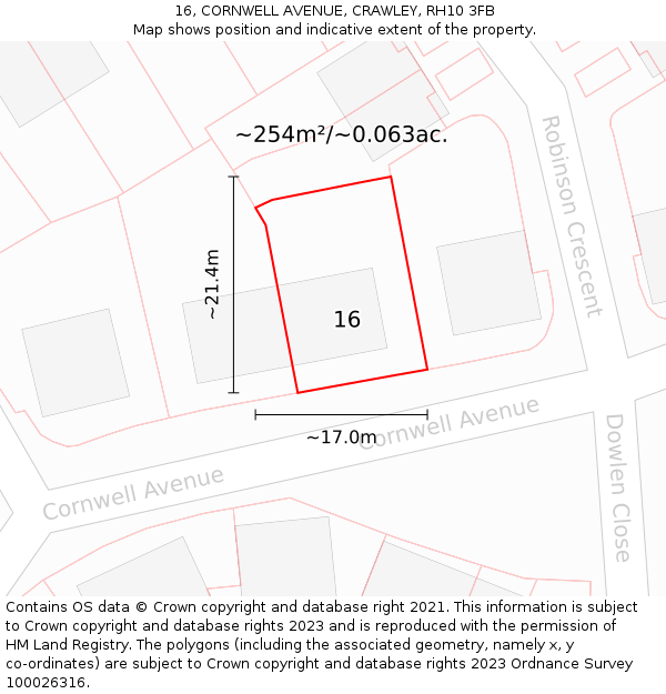 16, CORNWELL AVENUE, CRAWLEY, RH10 3FB: Plot and title map