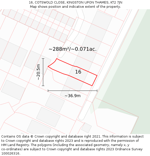 16, COTSWOLD CLOSE, KINGSTON UPON THAMES, KT2 7JN: Plot and title map