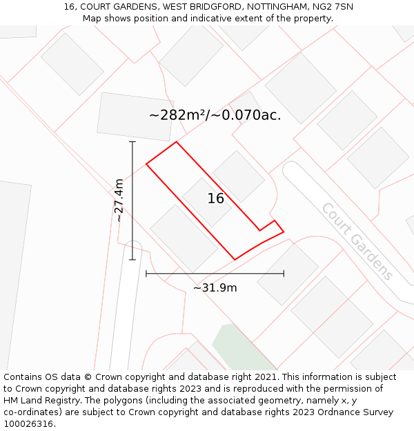 16, COURT GARDENS, WEST BRIDGFORD, NOTTINGHAM, NG2 7SN: Plot and title map