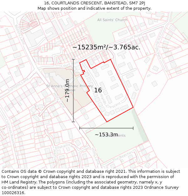 16, COURTLANDS CRESCENT, BANSTEAD, SM7 2PJ: Plot and title map