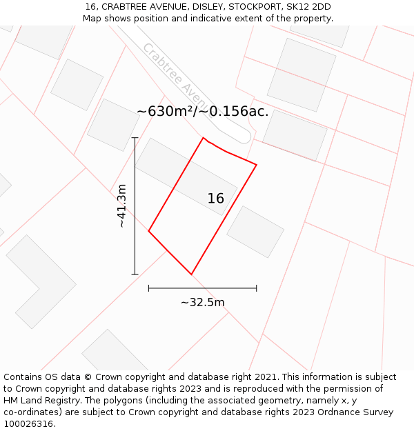 16, CRABTREE AVENUE, DISLEY, STOCKPORT, SK12 2DD: Plot and title map