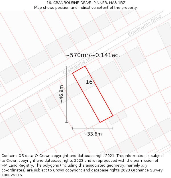 16, CRANBOURNE DRIVE, PINNER, HA5 1BZ: Plot and title map