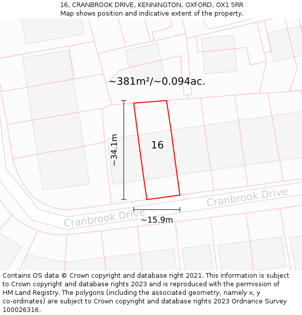 16, CRANBROOK DRIVE, KENNINGTON, OXFORD, OX1 5RR: Plot and title map