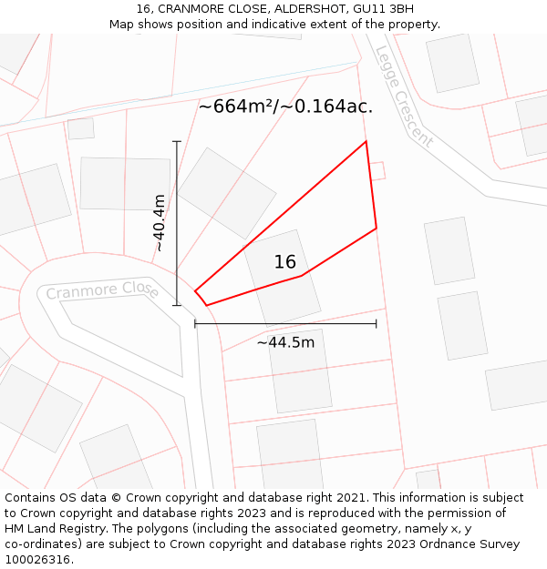 16, CRANMORE CLOSE, ALDERSHOT, GU11 3BH: Plot and title map