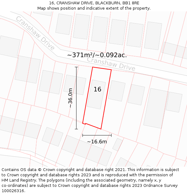 16, CRANSHAW DRIVE, BLACKBURN, BB1 8RE: Plot and title map