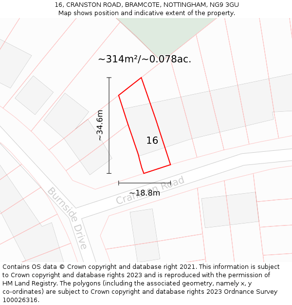 16, CRANSTON ROAD, BRAMCOTE, NOTTINGHAM, NG9 3GU: Plot and title map