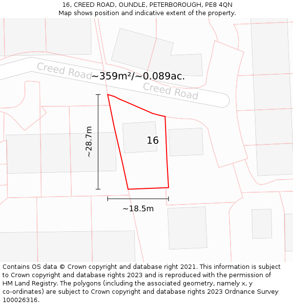 16, CREED ROAD, OUNDLE, PETERBOROUGH, PE8 4QN: Plot and title map