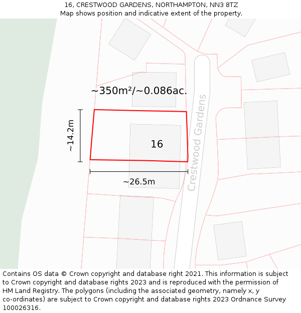 16, CRESTWOOD GARDENS, NORTHAMPTON, NN3 8TZ: Plot and title map