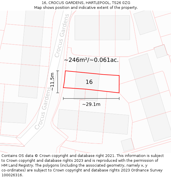 16, CROCUS GARDENS, HARTLEPOOL, TS26 0ZG: Plot and title map