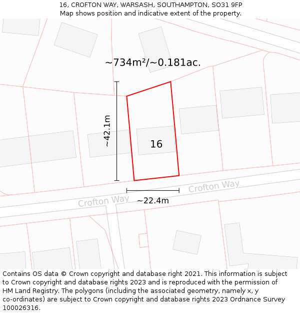 16, CROFTON WAY, WARSASH, SOUTHAMPTON, SO31 9FP: Plot and title map