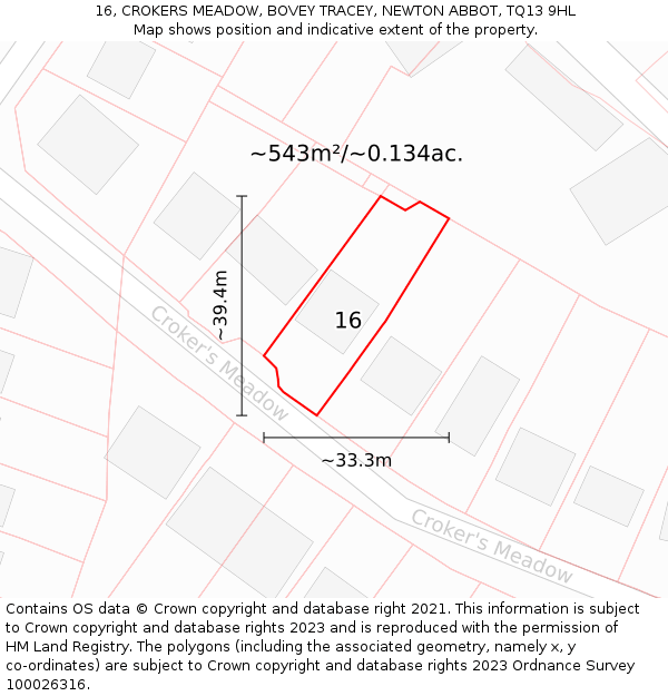 16, CROKERS MEADOW, BOVEY TRACEY, NEWTON ABBOT, TQ13 9HL: Plot and title map