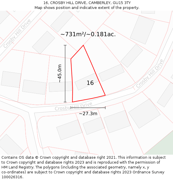 16, CROSBY HILL DRIVE, CAMBERLEY, GU15 3TY: Plot and title map
