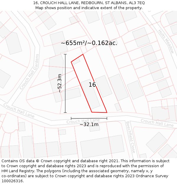 16, CROUCH HALL LANE, REDBOURN, ST ALBANS, AL3 7EQ: Plot and title map
