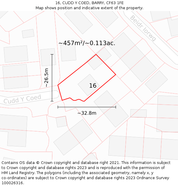 16, CUDD Y COED, BARRY, CF63 1FE: Plot and title map