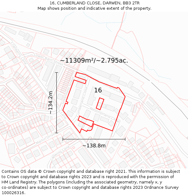 16, CUMBERLAND CLOSE, DARWEN, BB3 2TR: Plot and title map