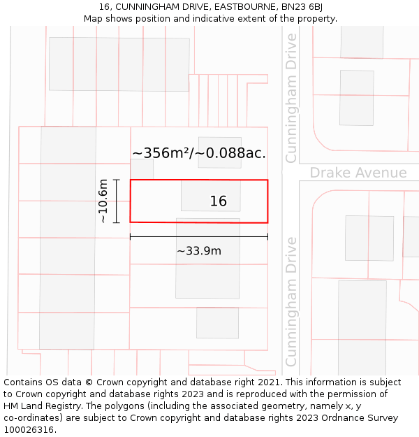 16, CUNNINGHAM DRIVE, EASTBOURNE, BN23 6BJ: Plot and title map