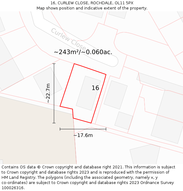 16, CURLEW CLOSE, ROCHDALE, OL11 5PX: Plot and title map