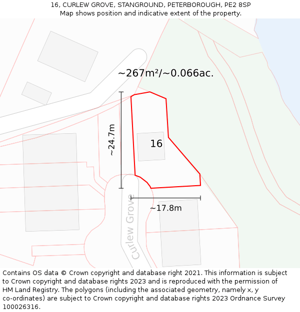 16, CURLEW GROVE, STANGROUND, PETERBOROUGH, PE2 8SP: Plot and title map