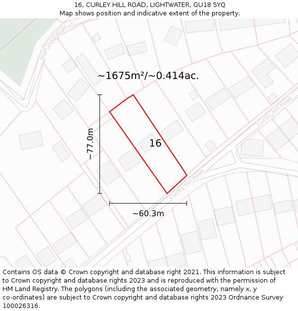 16, CURLEY HILL ROAD, LIGHTWATER, GU18 5YQ: Plot and title map