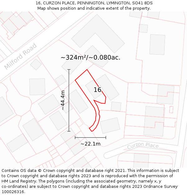 16, CURZON PLACE, PENNINGTON, LYMINGTON, SO41 8DS: Plot and title map