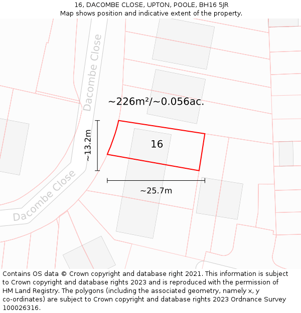 16, DACOMBE CLOSE, UPTON, POOLE, BH16 5JR: Plot and title map