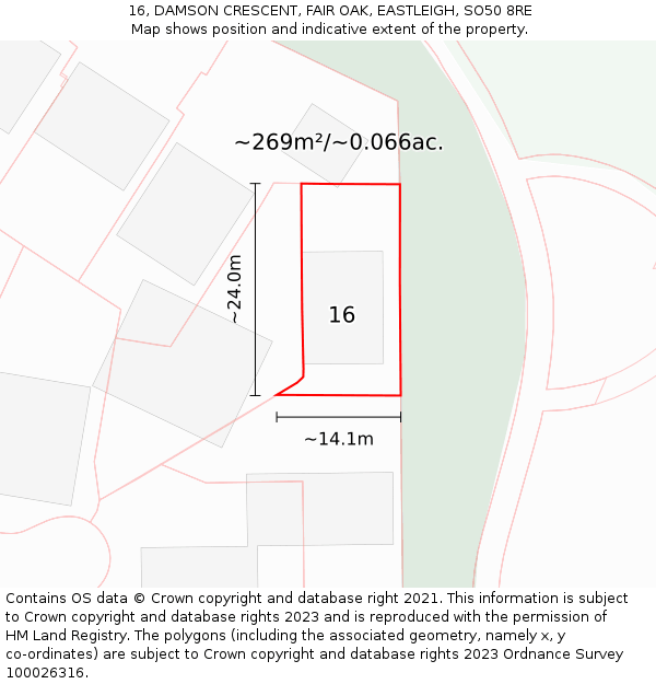 16, DAMSON CRESCENT, FAIR OAK, EASTLEIGH, SO50 8RE: Plot and title map