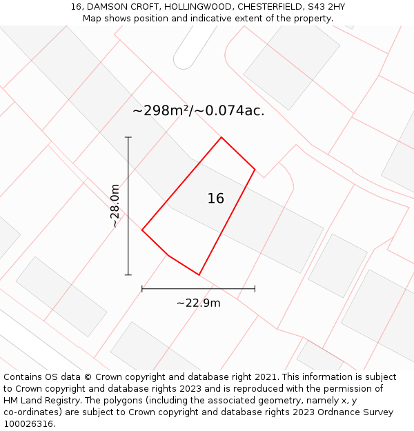 16, DAMSON CROFT, HOLLINGWOOD, CHESTERFIELD, S43 2HY: Plot and title map