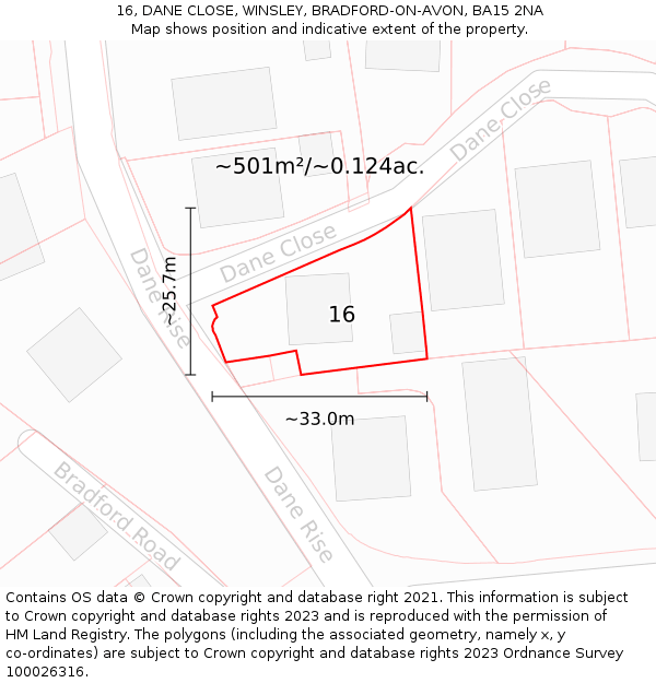 16, DANE CLOSE, WINSLEY, BRADFORD-ON-AVON, BA15 2NA: Plot and title map