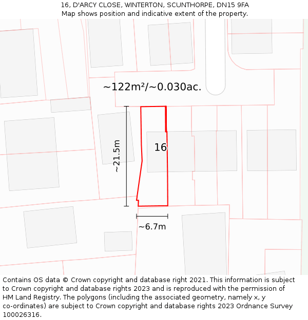 16, D'ARCY CLOSE, WINTERTON, SCUNTHORPE, DN15 9FA: Plot and title map