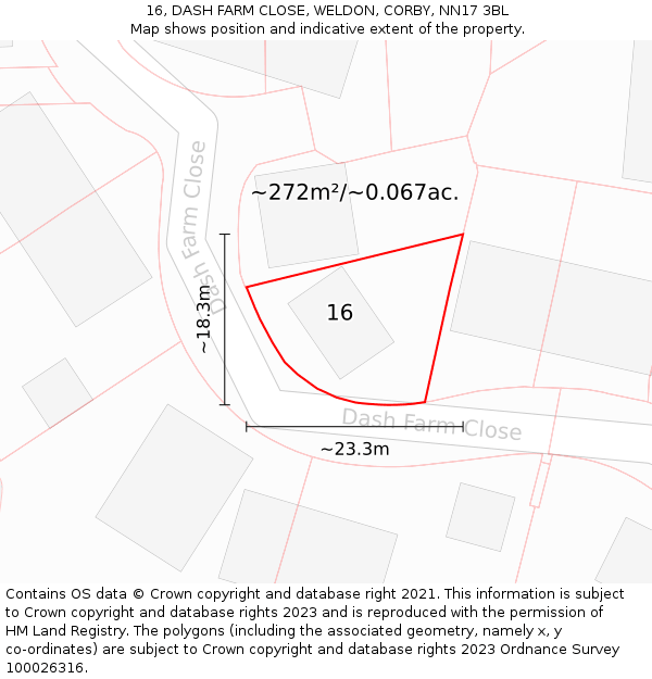 16, DASH FARM CLOSE, WELDON, CORBY, NN17 3BL: Plot and title map