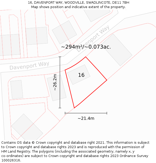 16, DAVENPORT WAY, WOODVILLE, SWADLINCOTE, DE11 7BH: Plot and title map