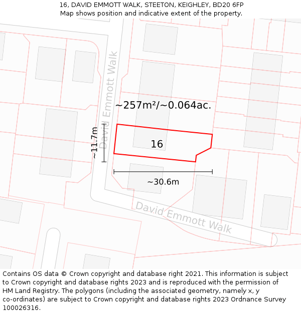 16, DAVID EMMOTT WALK, STEETON, KEIGHLEY, BD20 6FP: Plot and title map