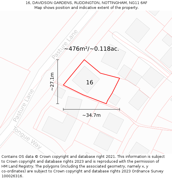 16, DAVIDSON GARDENS, RUDDINGTON, NOTTINGHAM, NG11 6AF: Plot and title map