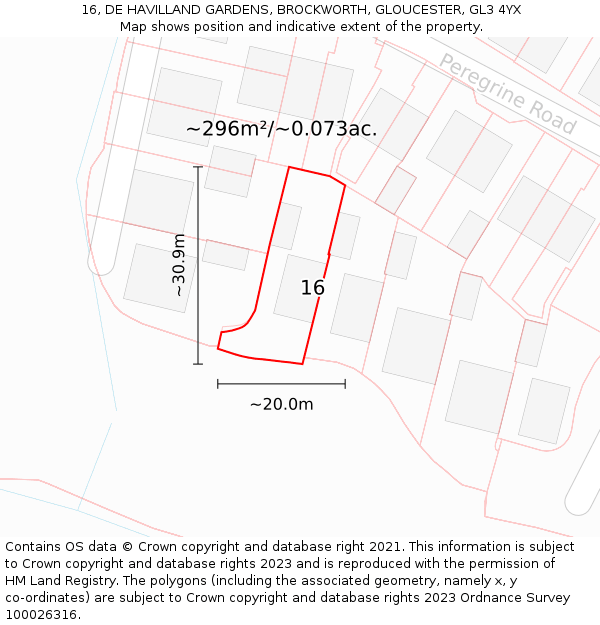 16, DE HAVILLAND GARDENS, BROCKWORTH, GLOUCESTER, GL3 4YX: Plot and title map