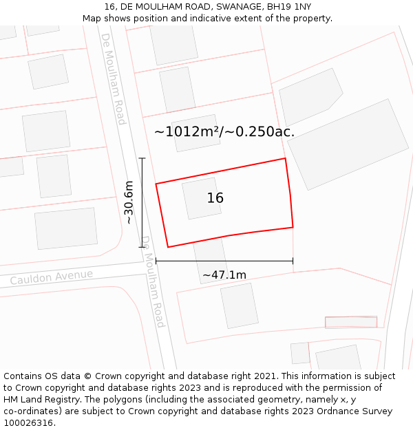 16, DE MOULHAM ROAD, SWANAGE, BH19 1NY: Plot and title map