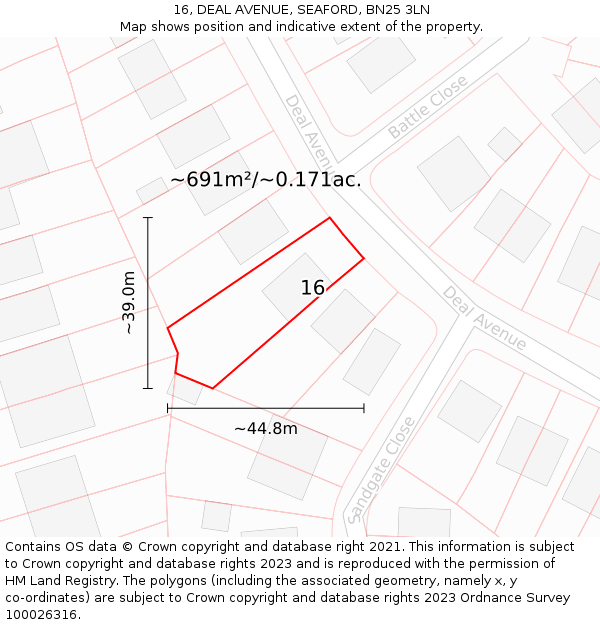 16, DEAL AVENUE, SEAFORD, BN25 3LN: Plot and title map