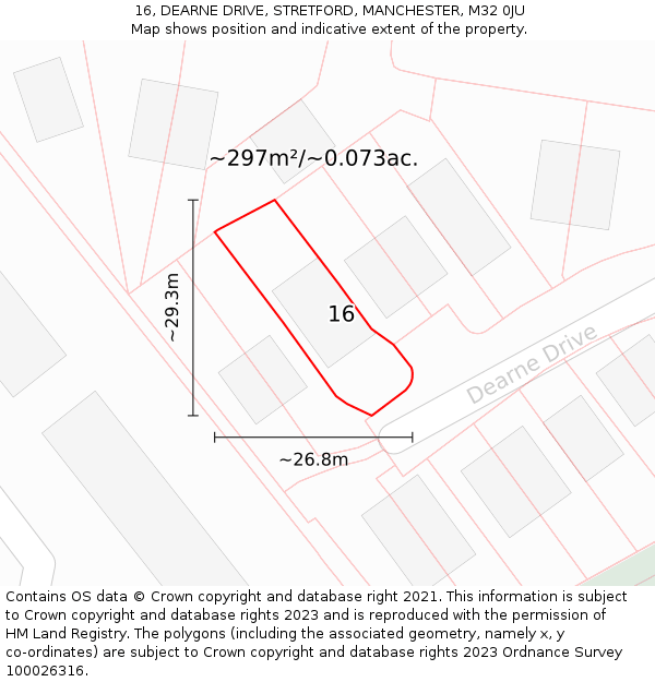 16, DEARNE DRIVE, STRETFORD, MANCHESTER, M32 0JU: Plot and title map