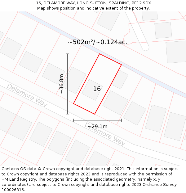 16, DELAMORE WAY, LONG SUTTON, SPALDING, PE12 9DX: Plot and title map