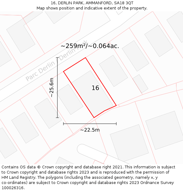 16, DERLIN PARK, AMMANFORD, SA18 3QT: Plot and title map