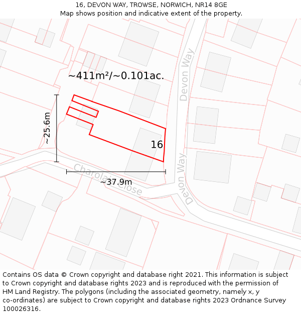 16, DEVON WAY, TROWSE, NORWICH, NR14 8GE: Plot and title map