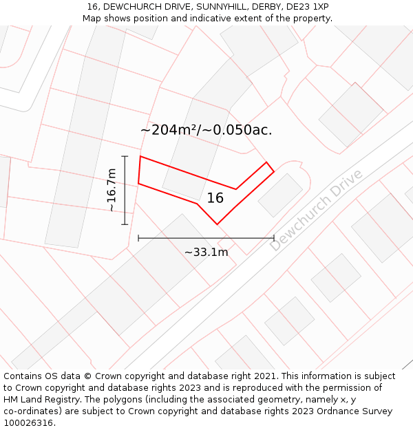 16, DEWCHURCH DRIVE, SUNNYHILL, DERBY, DE23 1XP: Plot and title map