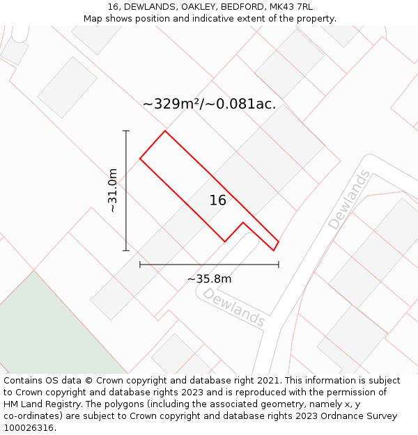 16, DEWLANDS, OAKLEY, BEDFORD, MK43 7RL: Plot and title map