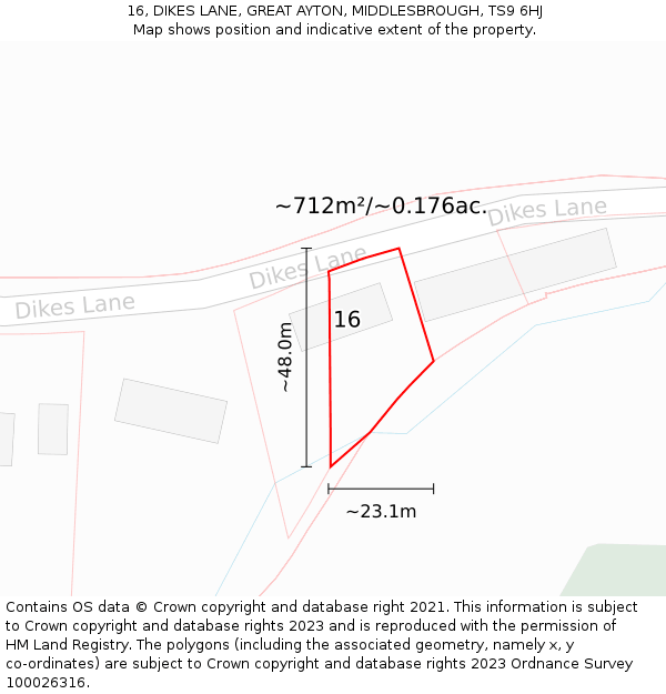 16, DIKES LANE, GREAT AYTON, MIDDLESBROUGH, TS9 6HJ: Plot and title map