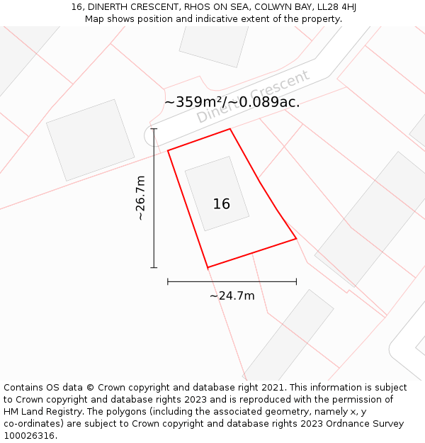 16, DINERTH CRESCENT, RHOS ON SEA, COLWYN BAY, LL28 4HJ: Plot and title map