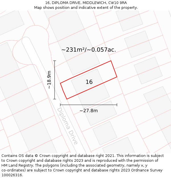 16, DIPLOMA DRIVE, MIDDLEWICH, CW10 9RA: Plot and title map