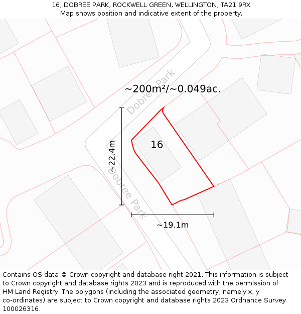 16, DOBREE PARK, ROCKWELL GREEN, WELLINGTON, TA21 9RX: Plot and title map