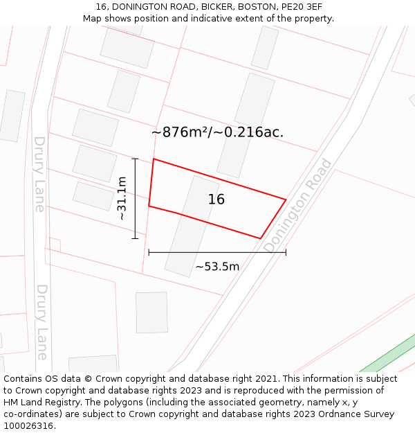 16, DONINGTON ROAD, BICKER, BOSTON, PE20 3EF: Plot and title map